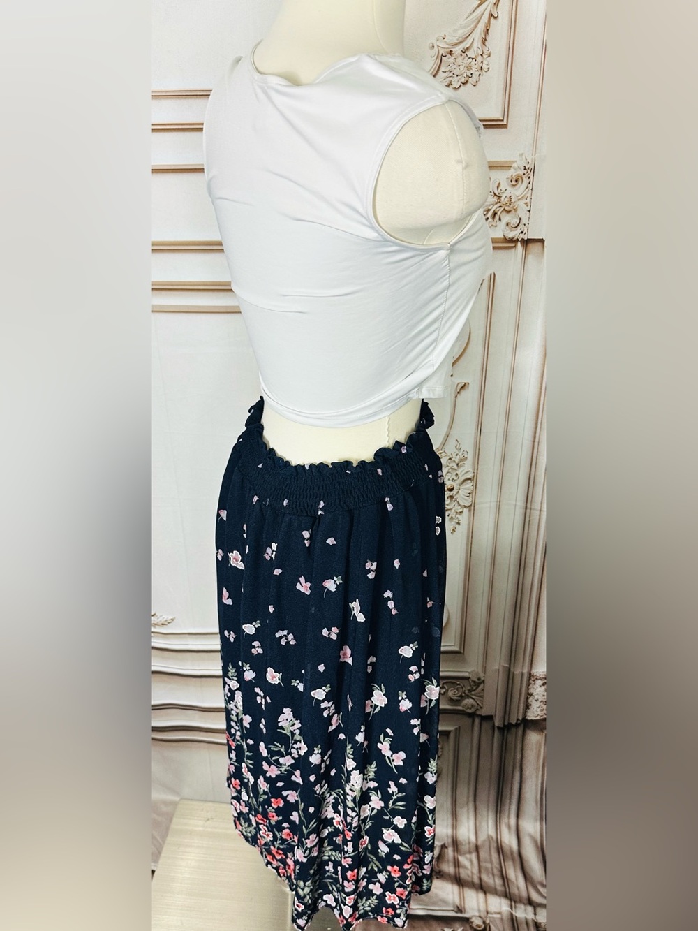 Navy Floral Smocked Waist Midi Skirt - Picture 5 of 11